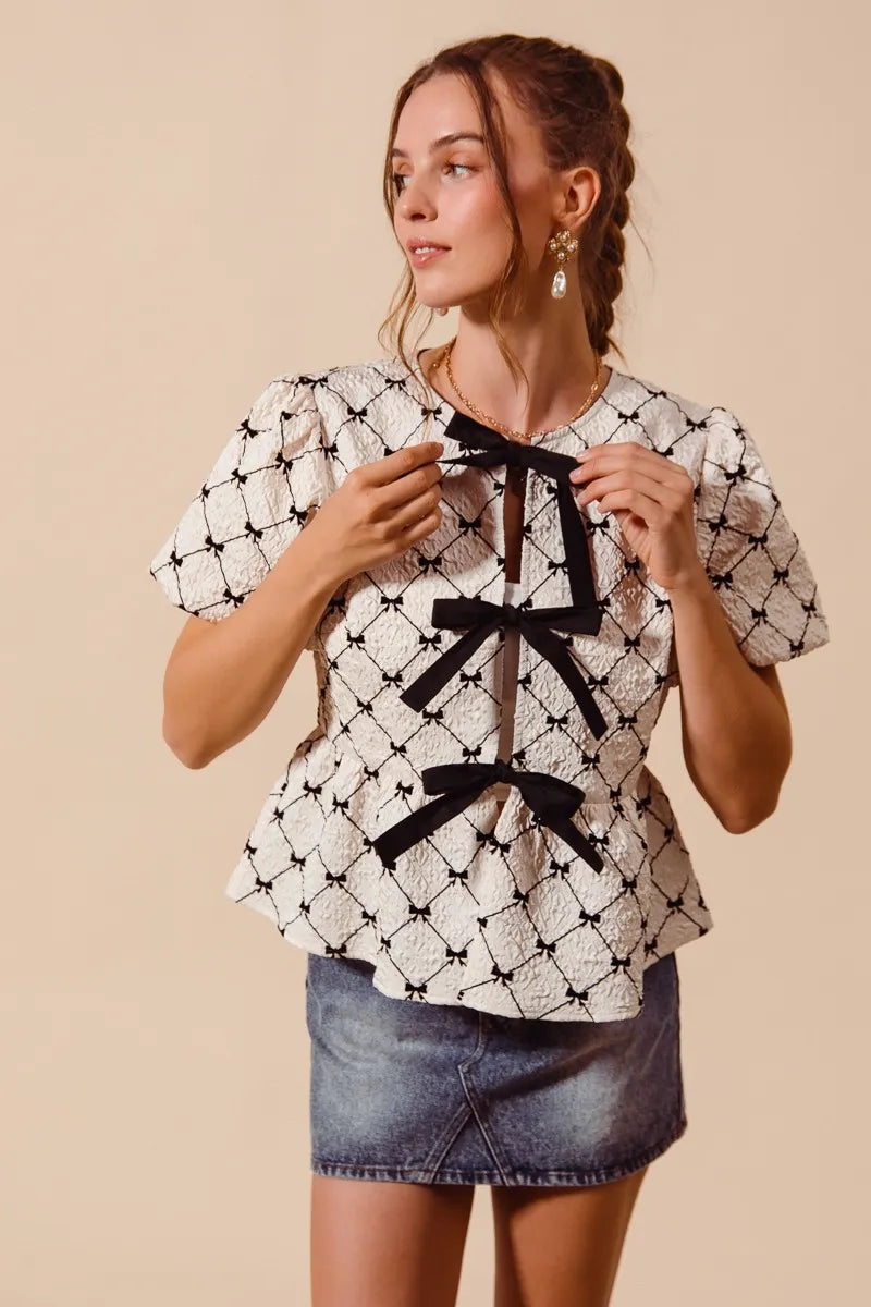 SO ME Bow Texture Woven Peplum Top With Contrast Tie - IVORY / S