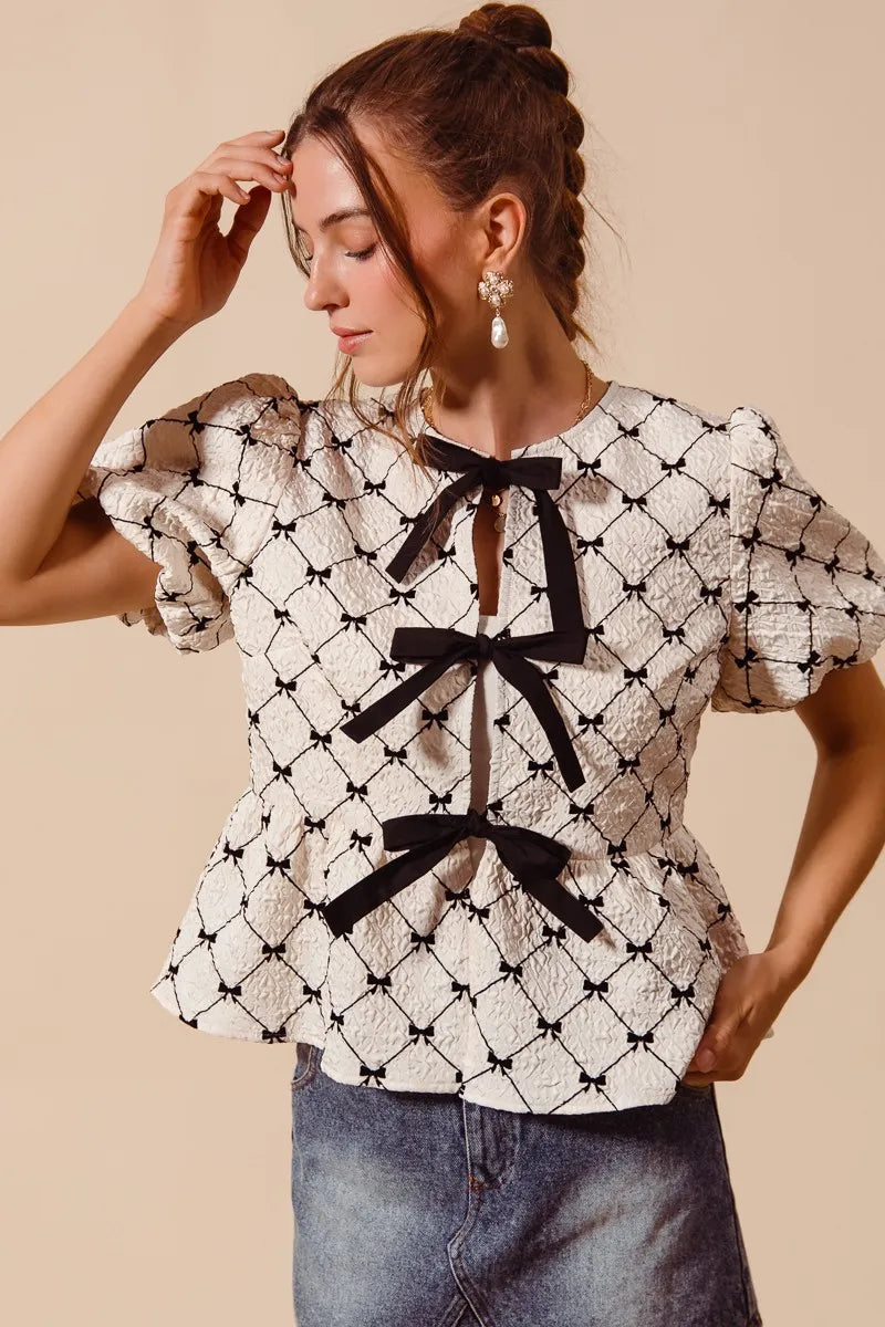 SO ME Bow Texture Woven Peplum Top With Contrast Tie - IVORY / S