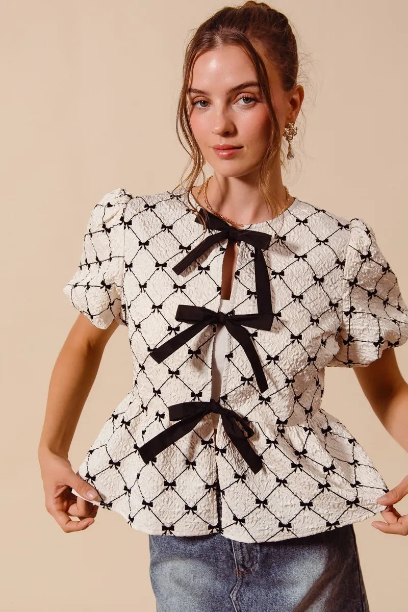 SO ME Bow Texture Woven Peplum Top With Contrast Tie - IVORY / S