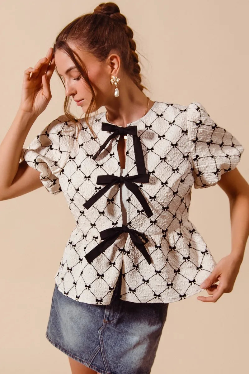 SO ME Bow Texture Woven Peplum Top With Contrast Tie - IVORY / S