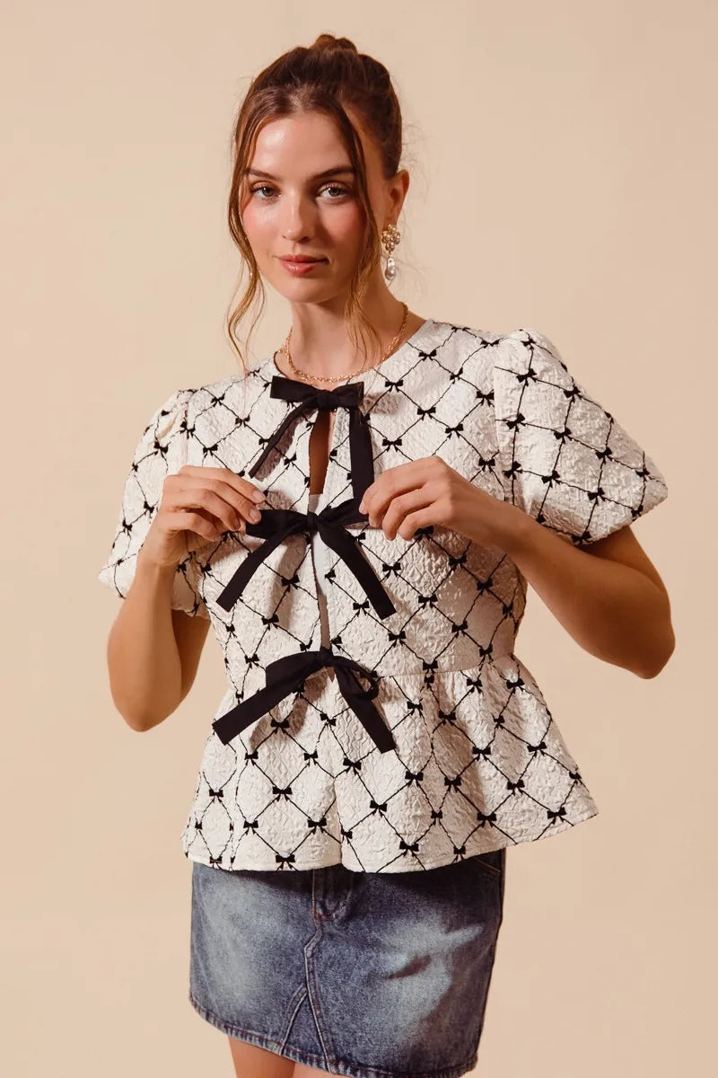 SO ME Bow Texture Woven Peplum Top With Contrast Tie - IVORY / S