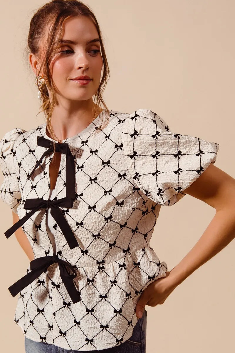 SO ME Bow Texture Woven Peplum Top With Contrast Tie - IVORY / S