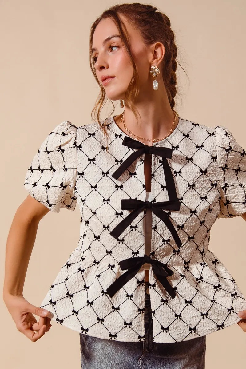 SO ME Bow Texture Woven Peplum Top With Contrast Tie - IVORY / S