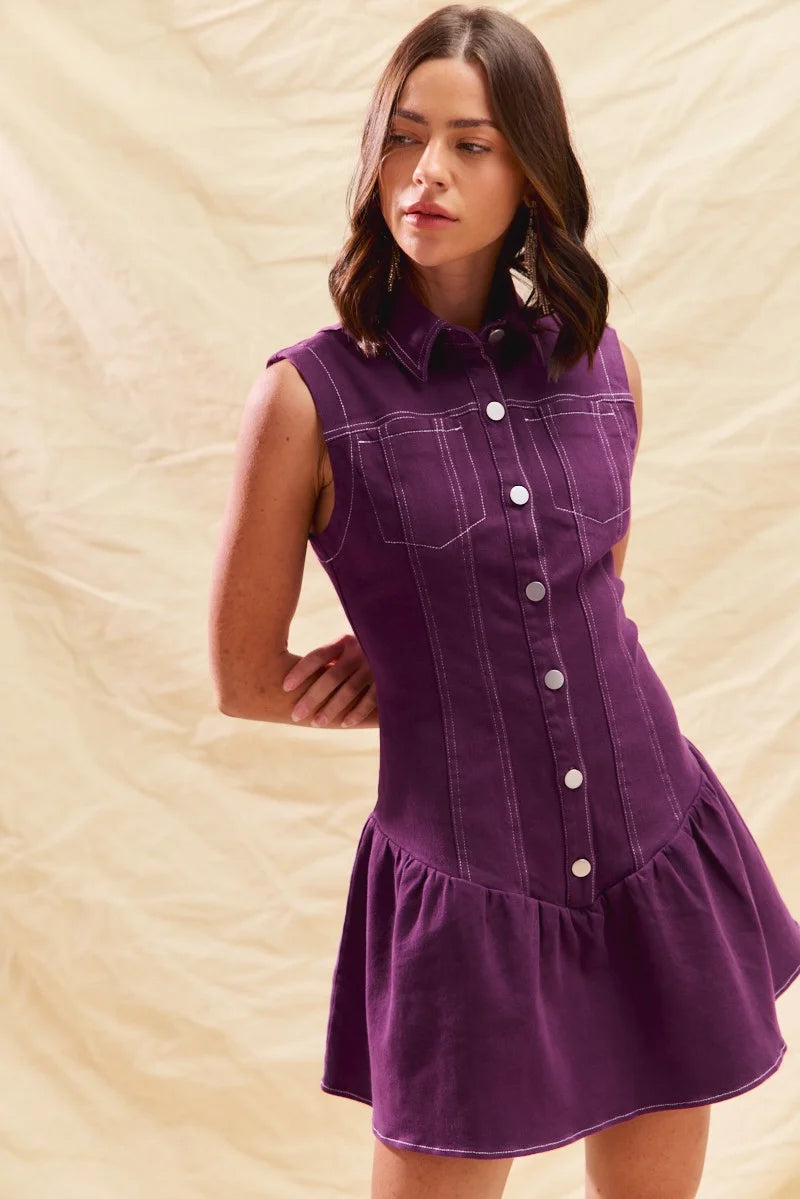 SO ME Button Down Sleeveless Collared Mini Dress - PURPLE / S