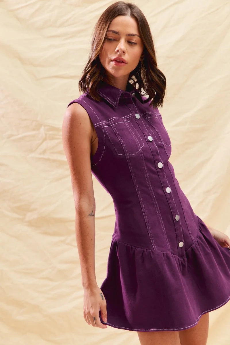 SO ME Button Down Sleeveless Collared Mini Dress - PURPLE / S