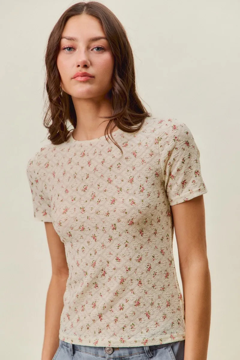 SO ME Floral Print Lace Short Sleeves Layering Knit Top - Cream/Red / S