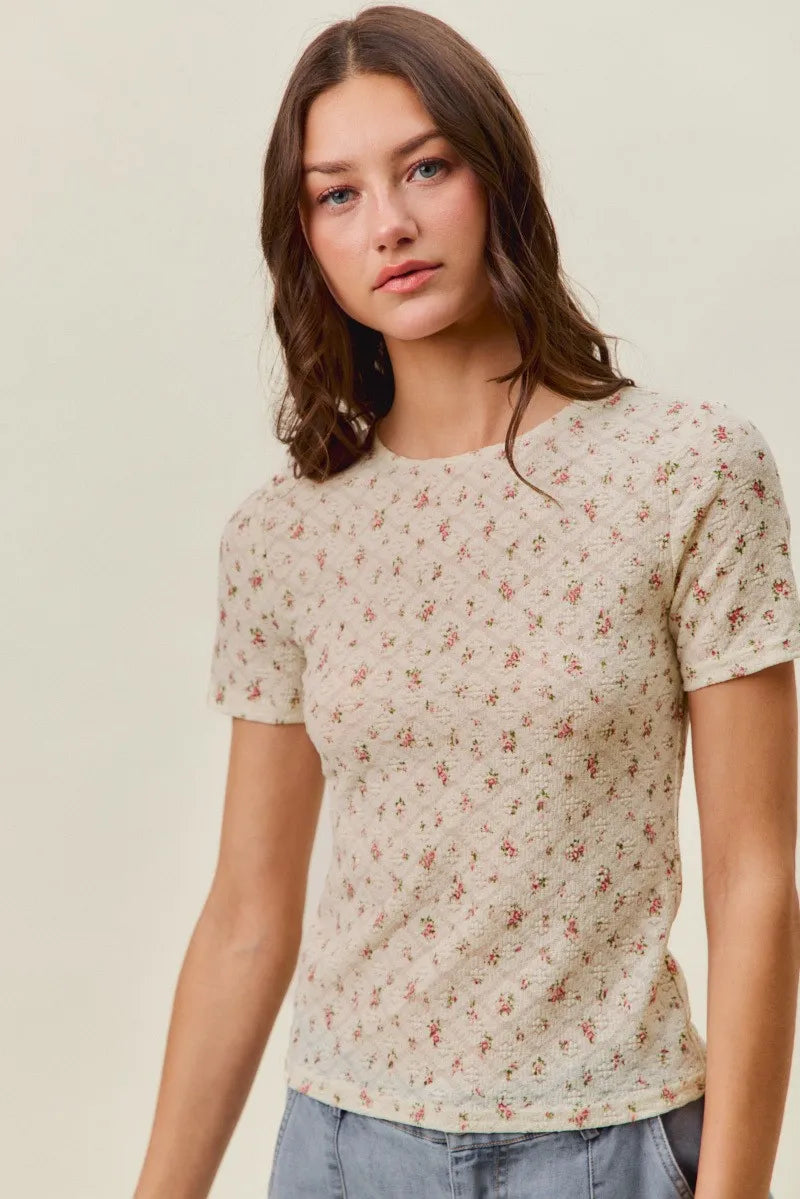 SO ME Floral Print Lace Short Sleeves Layering Knit Top - Cream/Red / S