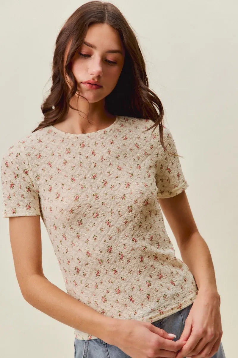 SO ME Floral Print Lace Short Sleeves Layering Knit Top - Cream/Red / S