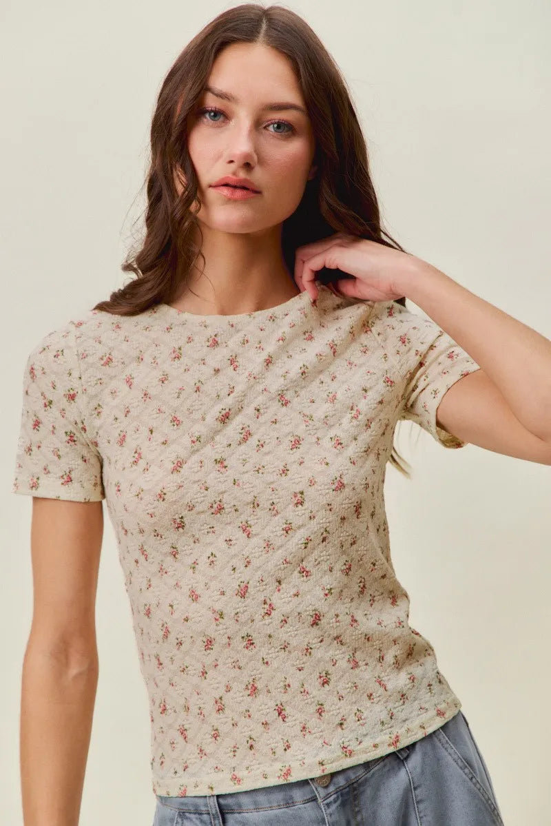 SO ME Floral Print Lace Short Sleeves Layering Knit Top - Cream/Red / S