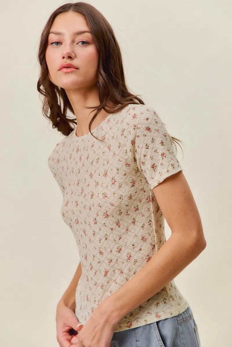 SO ME Floral Print Lace Short Sleeves Layering Knit Top - Cream/Red / S