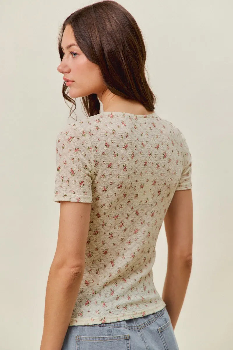 SO ME Floral Print Lace Short Sleeves Layering Knit Top - Cream/Red / S
