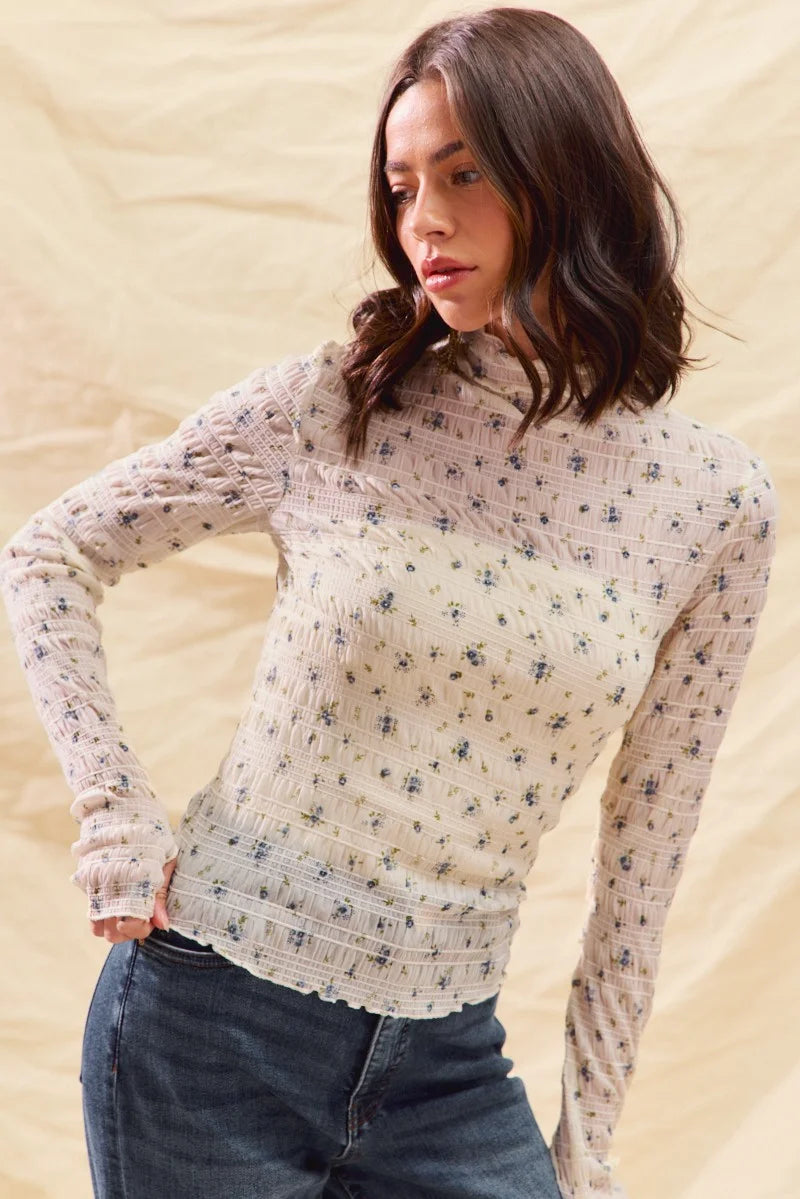 SO ME Floral Print Textured Long Sleeve Knit Top - IVORY / S