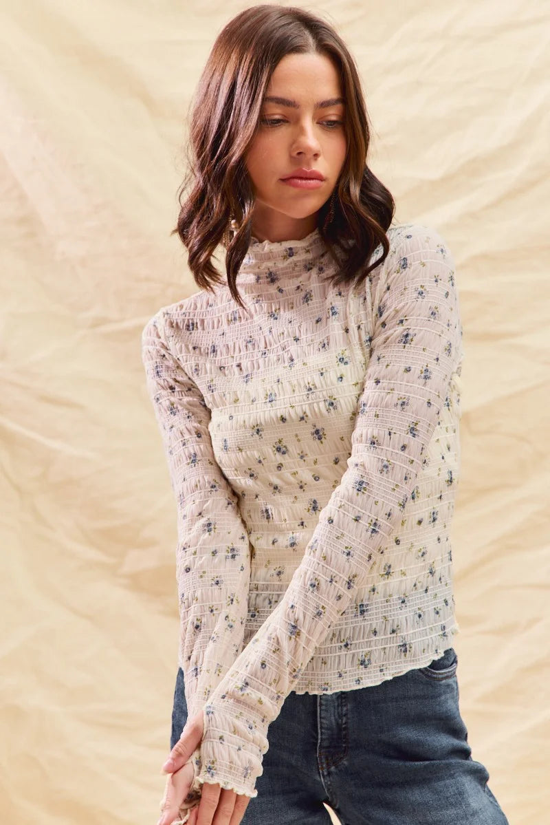 SO ME Floral Print Textured Long Sleeve Knit Top - IVORY / S
