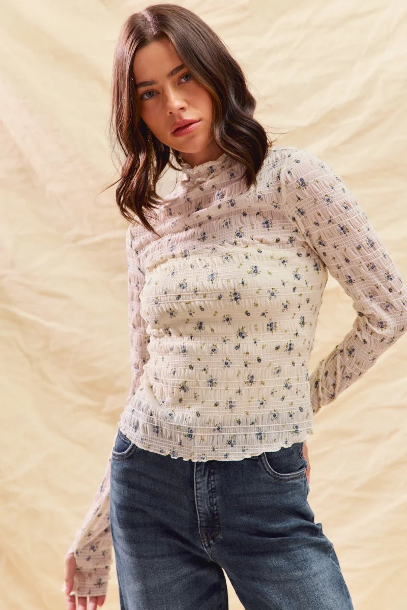 SO ME Floral Print Textured Long Sleeve Knit Top - IVORY / S