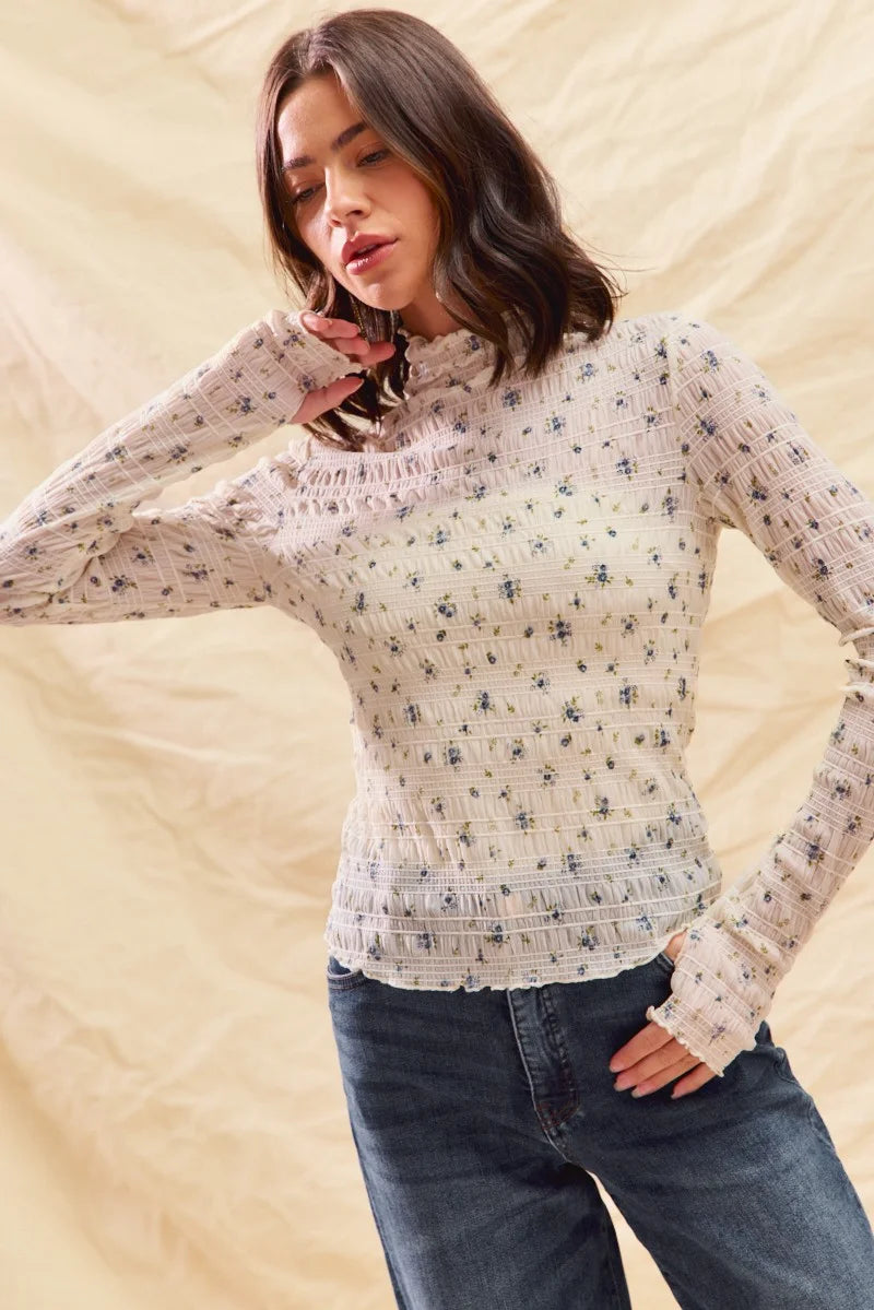 SO ME Floral Print Textured Long Sleeve Knit Top - IVORY / S