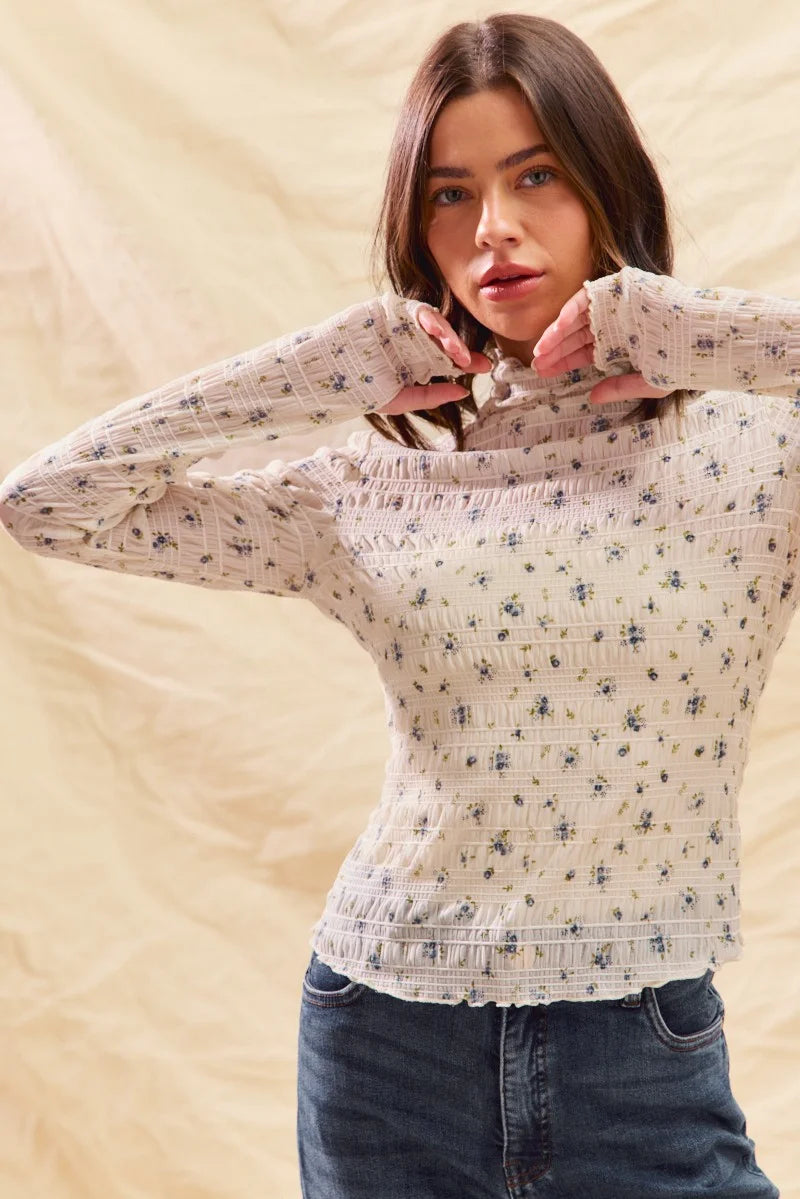 SO ME Floral Print Textured Long Sleeve Knit Top - IVORY / S
