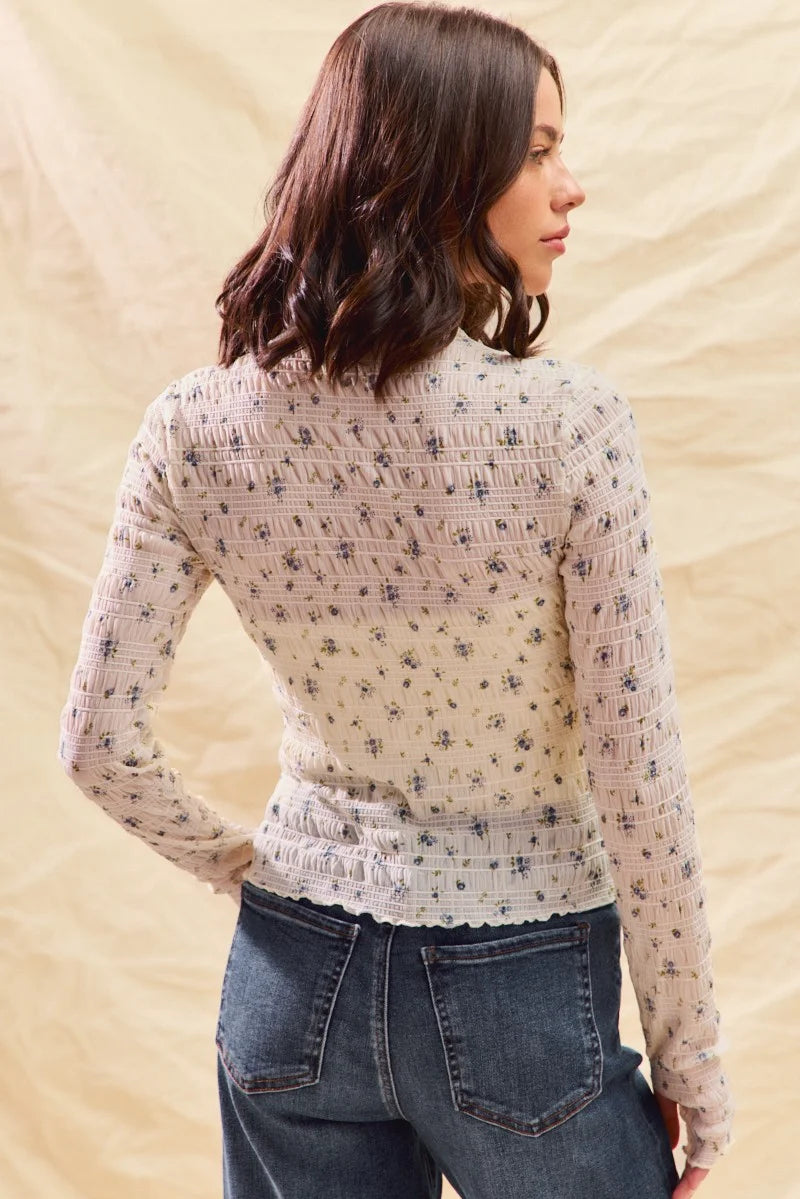 SO ME Floral Print Textured Long Sleeve Knit Top - IVORY / S