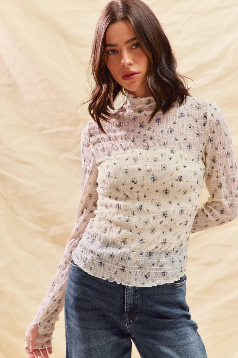 SO ME Floral Print Textured Long Sleeve Knit Top - IVORY / S