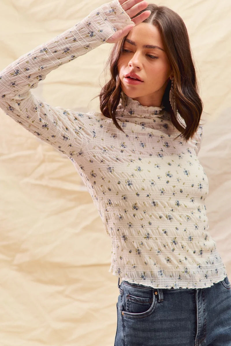 SO ME Floral Print Textured Long Sleeve Knit Top - IVORY / S