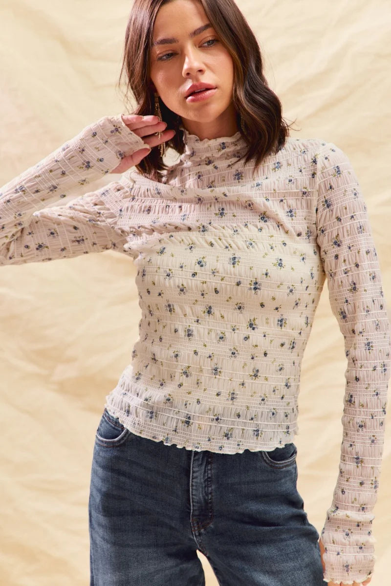 SO ME Floral Print Textured Long Sleeve Knit Top - IVORY / S