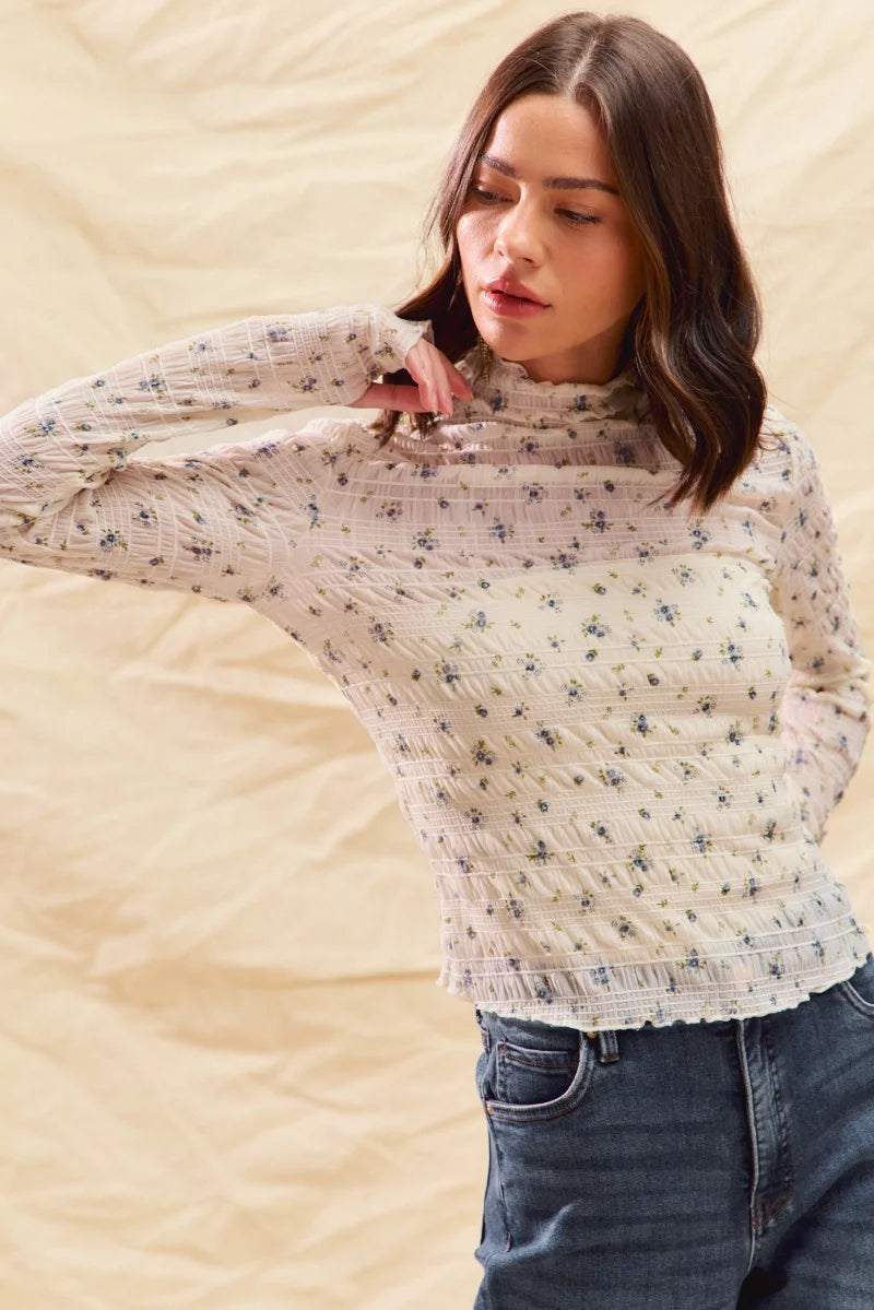 SO ME Floral Print Textured Long Sleeve Knit Top - IVORY / S