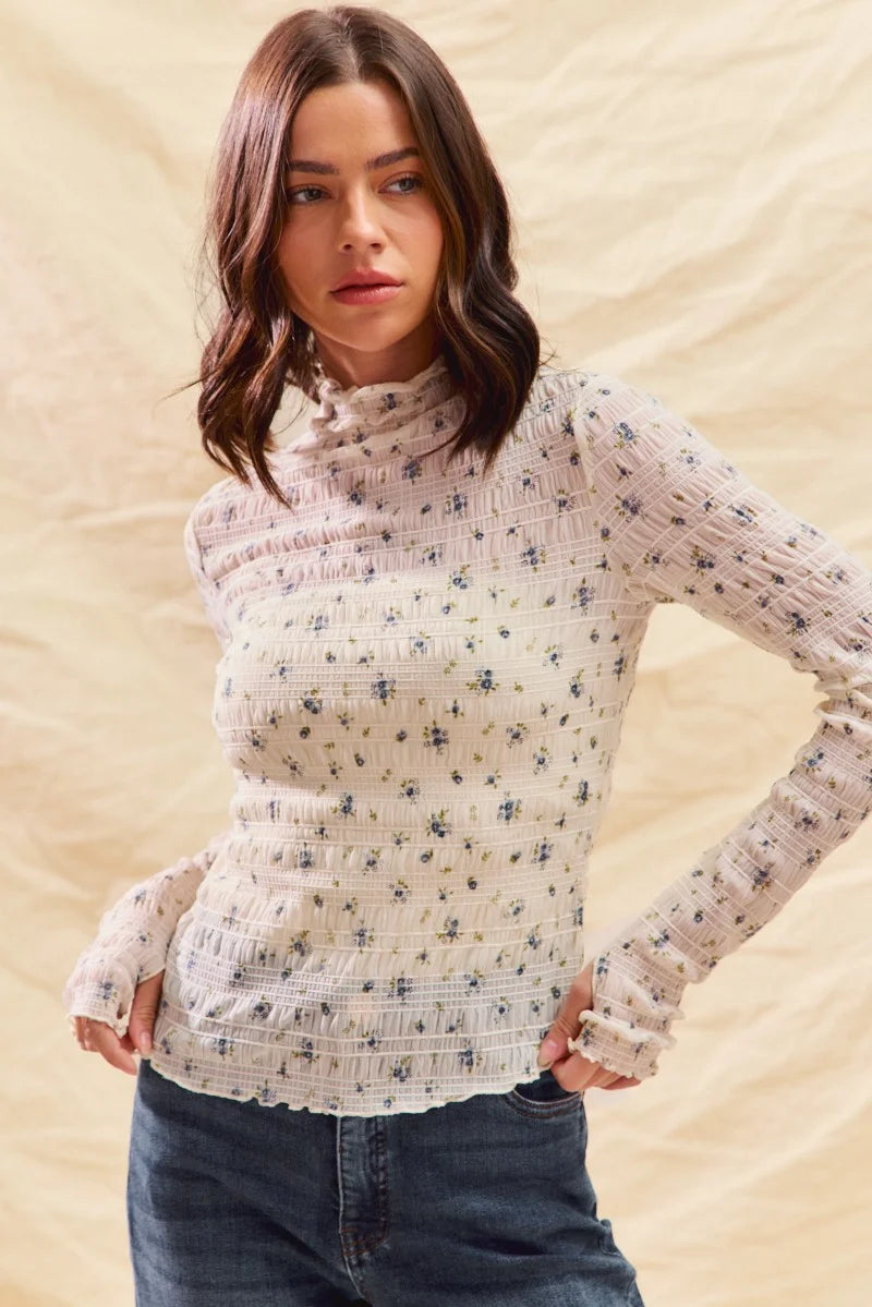 SO ME Floral Print Textured Long Sleeve Knit Top - IVORY / S
