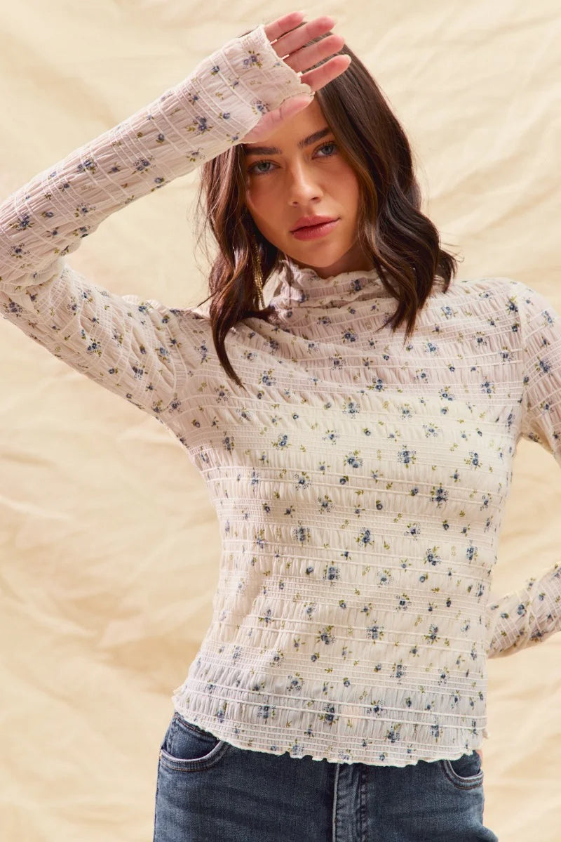 SO ME Floral Print Textured Long Sleeve Knit Top - IVORY / S