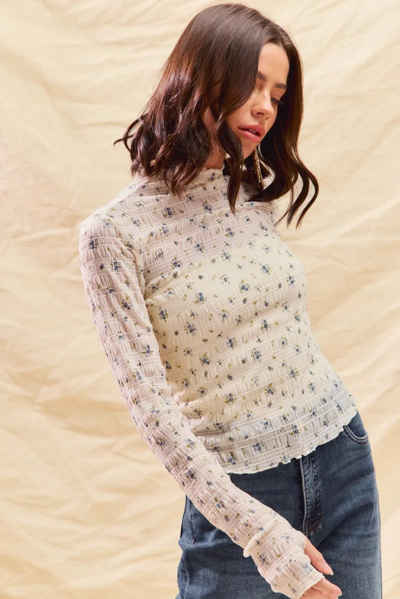 SO ME Floral Print Textured Long Sleeve Knit Top - IVORY / S