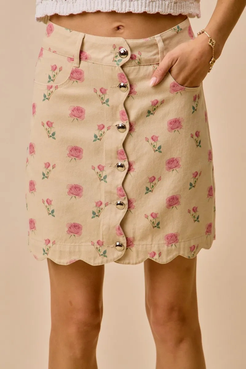 SO ME Floral Rose Print Cotton Twill Scallop Mini Skirt - IVORY / S