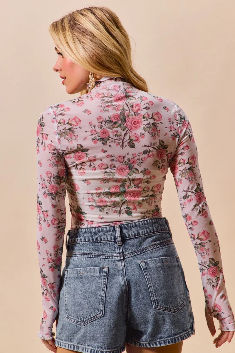 SO ME Floral Rose Print Mesh Sheer Layering Top - Pink / S
