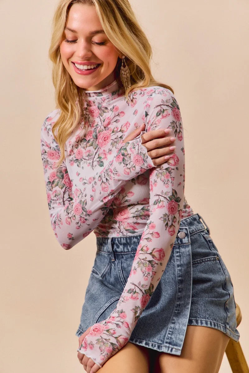 SO ME Floral Rose Print Mesh Sheer Layering Top - Pink / S
