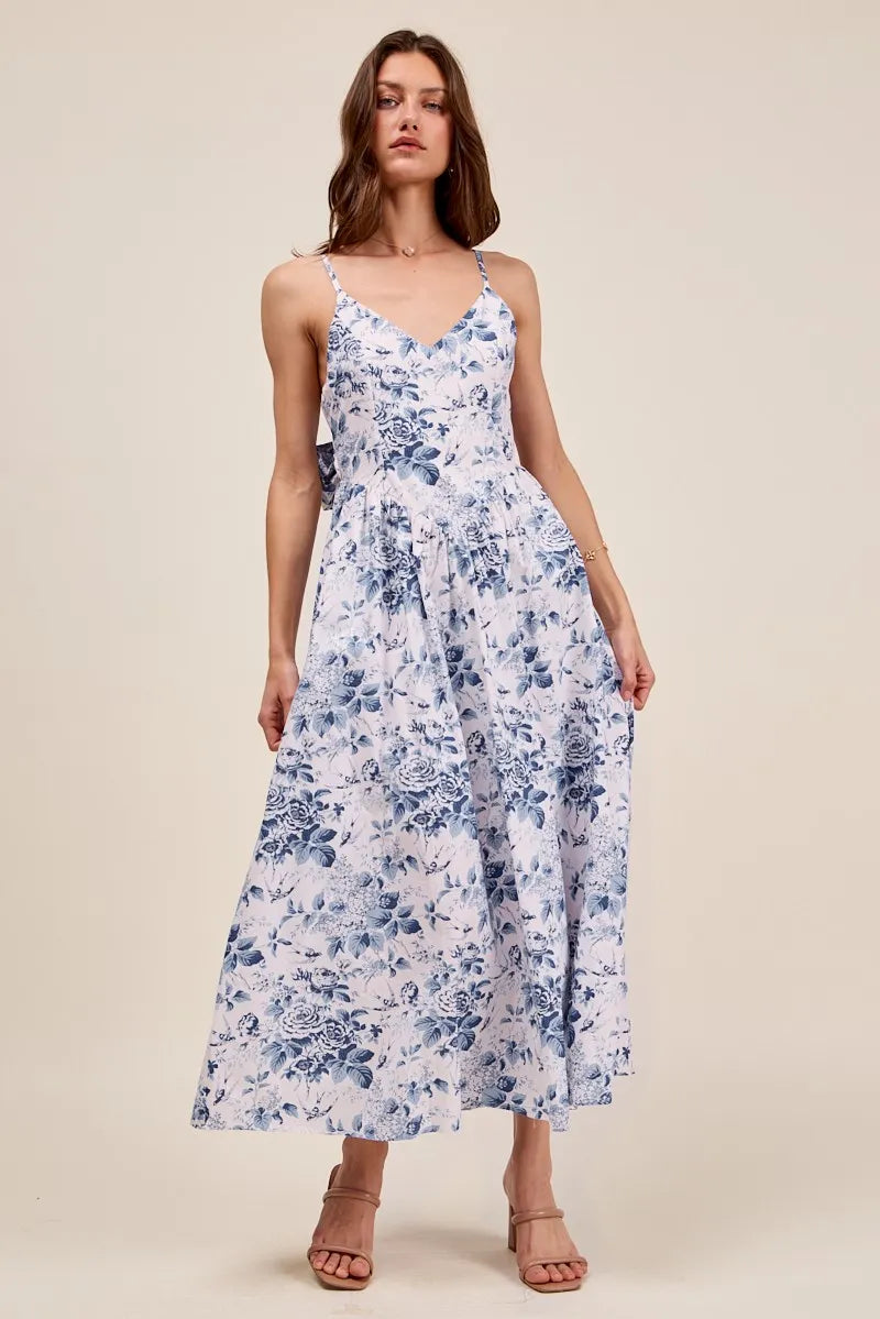 SO ME Floral Woven V Neck Dress With Back Ribbon Tie - BLUE / S