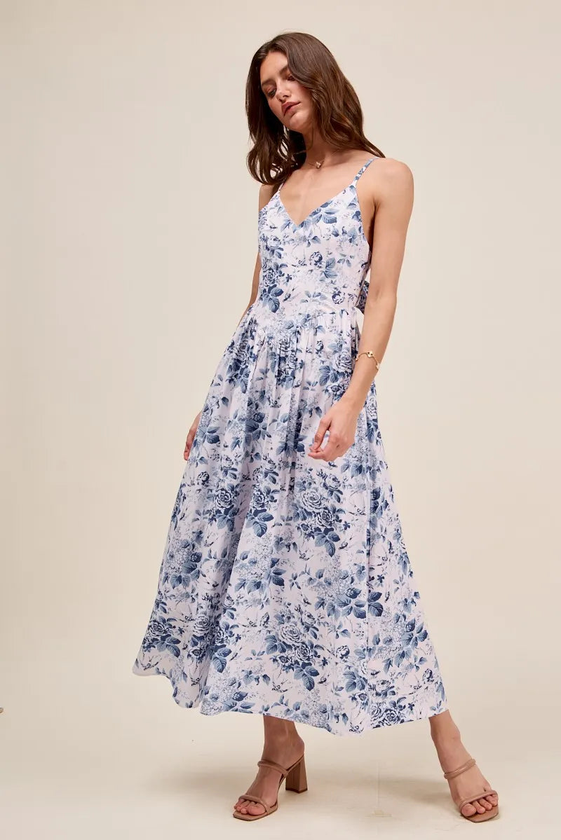 SO ME Floral Woven V Neck Dress With Back Ribbon Tie - BLUE / S