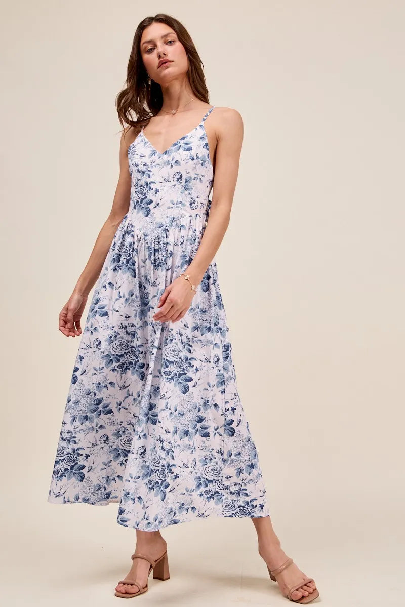 SO ME Floral Woven V Neck Dress With Back Ribbon Tie - BLUE / S
