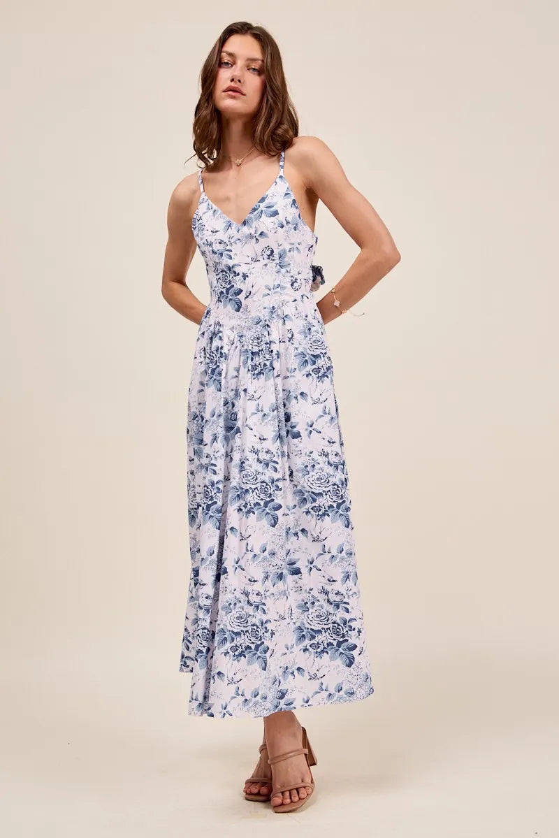 SO ME Floral Woven V Neck Dress With Back Ribbon Tie - BLUE / S