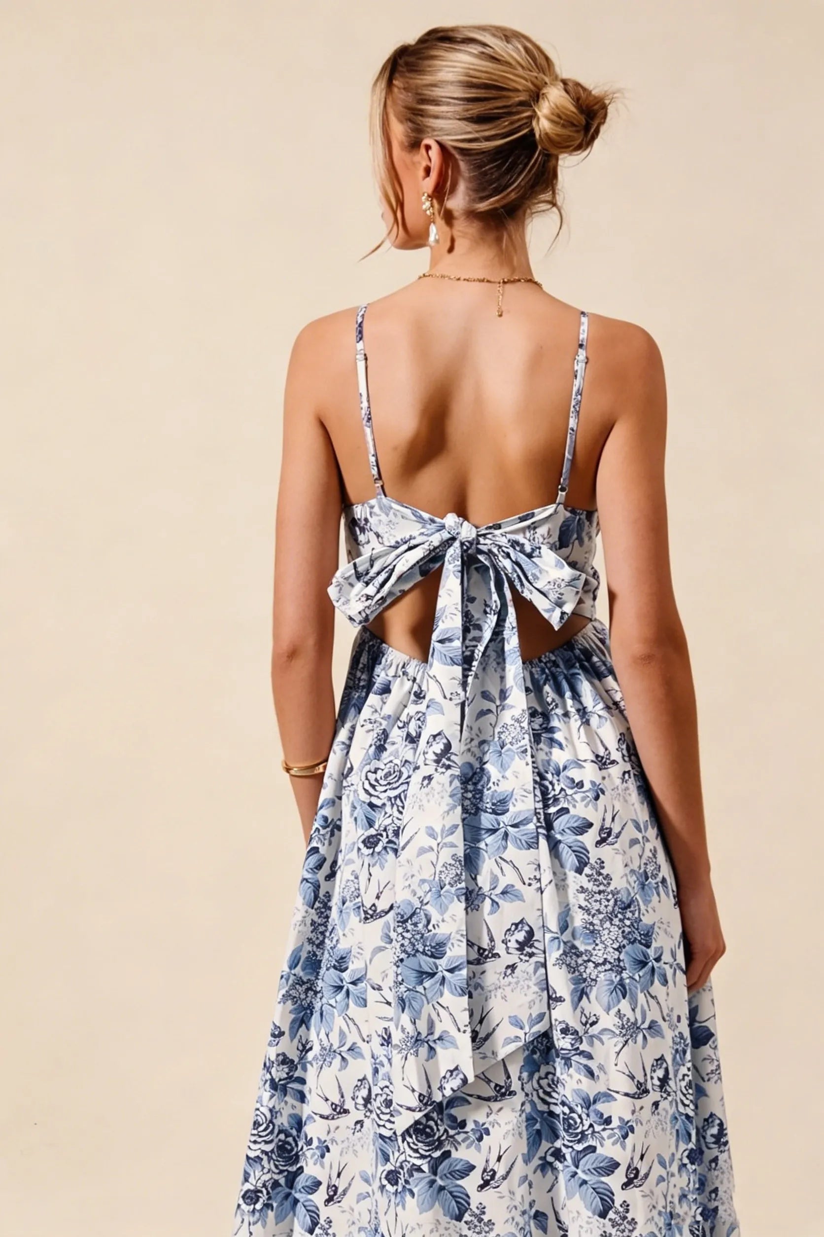 SO ME Floral Woven V Neck Dress With Back Ribbon Tie - BLUE / S