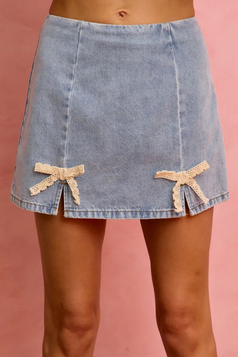 SO ME Lace Ribbon Trim Denim Mini Skirt - Denim / S