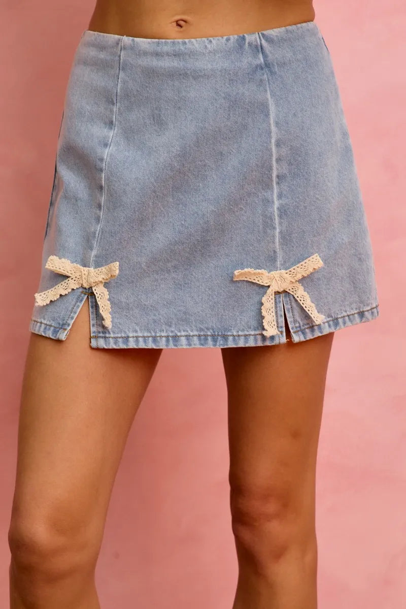 SO ME Lace Ribbon Trim Denim Mini Skirt - Denim / S