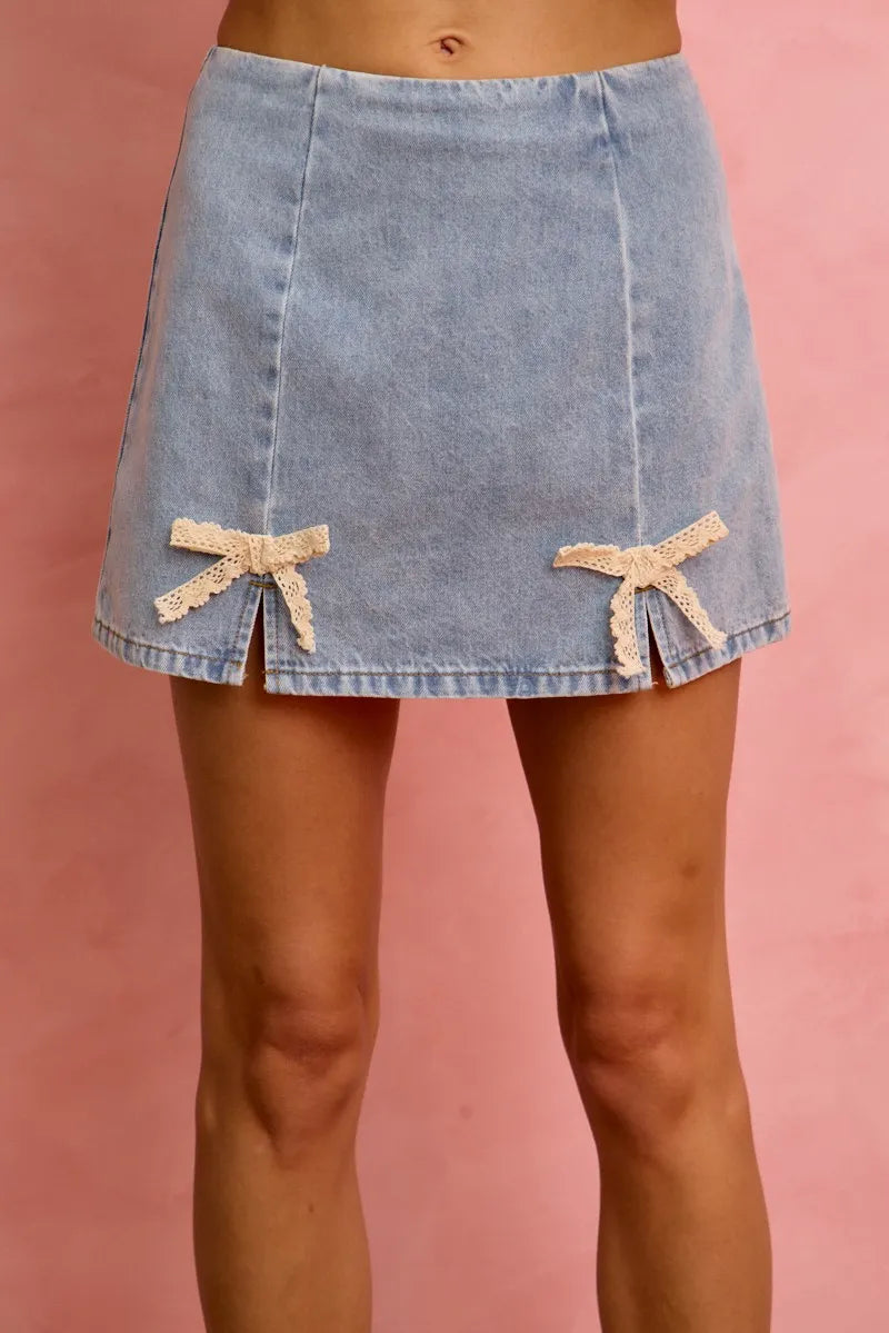 SO ME Lace Ribbon Trim Denim Mini Skirt - Denim / S