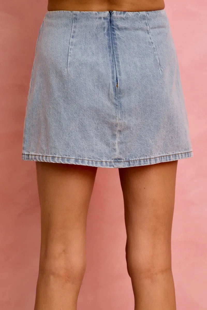 SO ME Lace Ribbon Trim Denim Mini Skirt - Denim / S