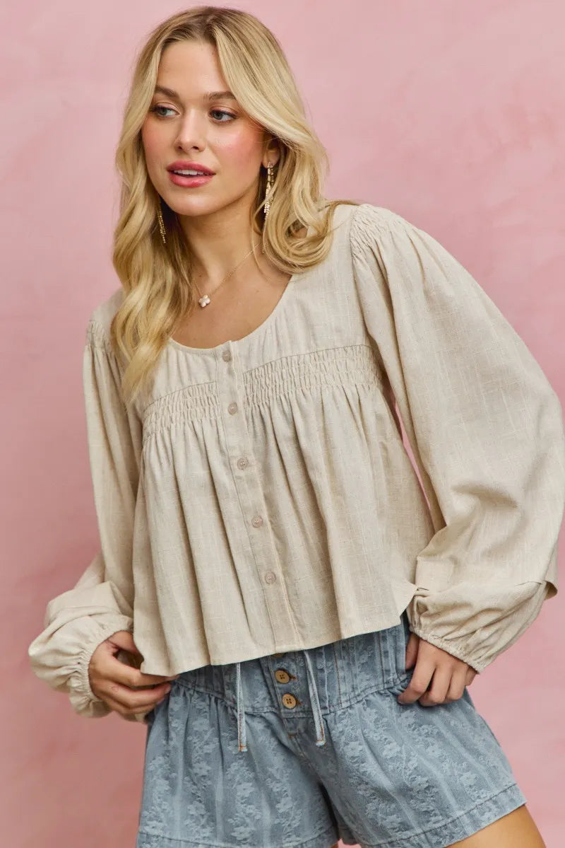 SO ME Linen Blend Woven Long Sleeve With Smocking Top - CREAM / S