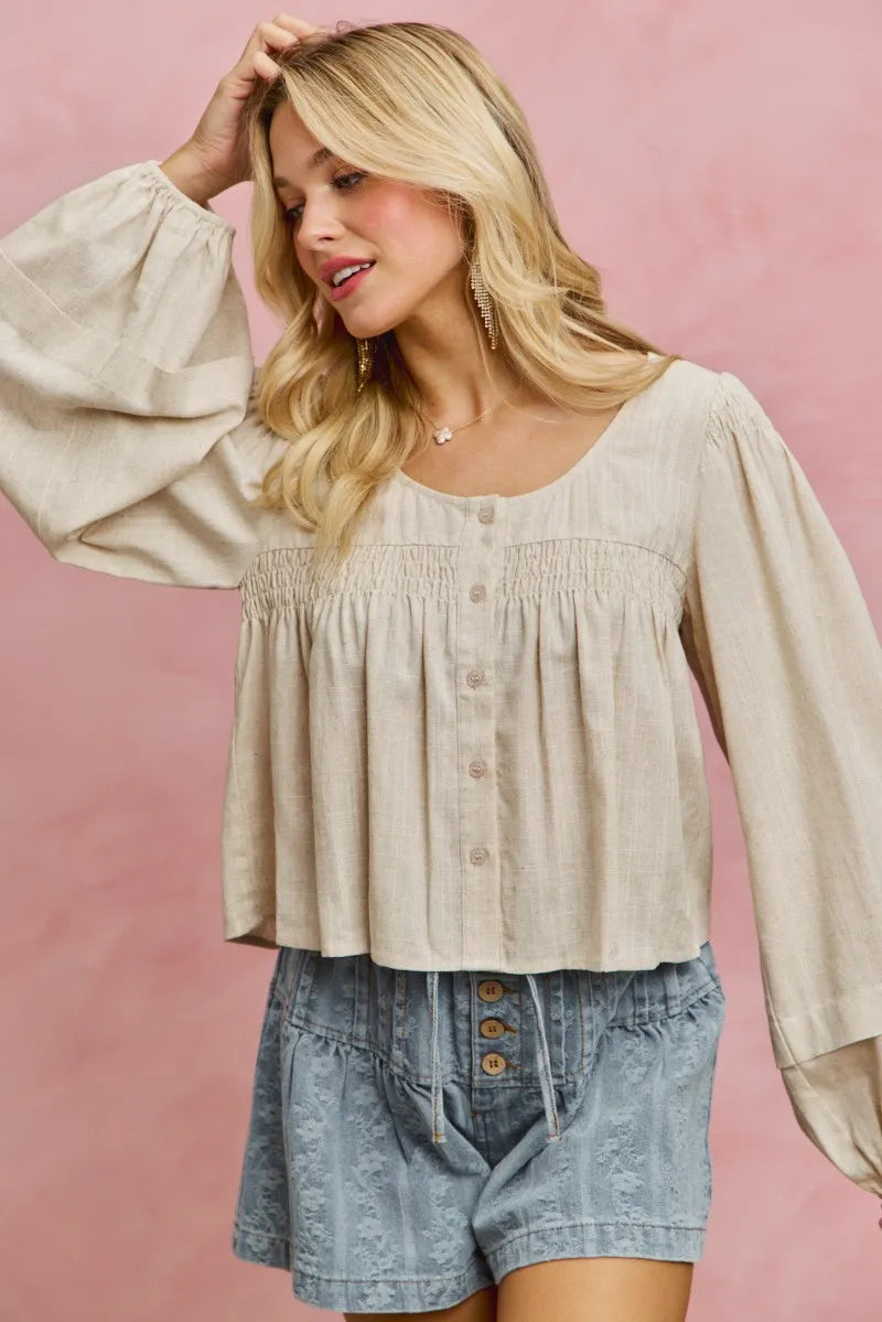SO ME Linen Blend Woven Long Sleeve With Smocking Top - CREAM / S