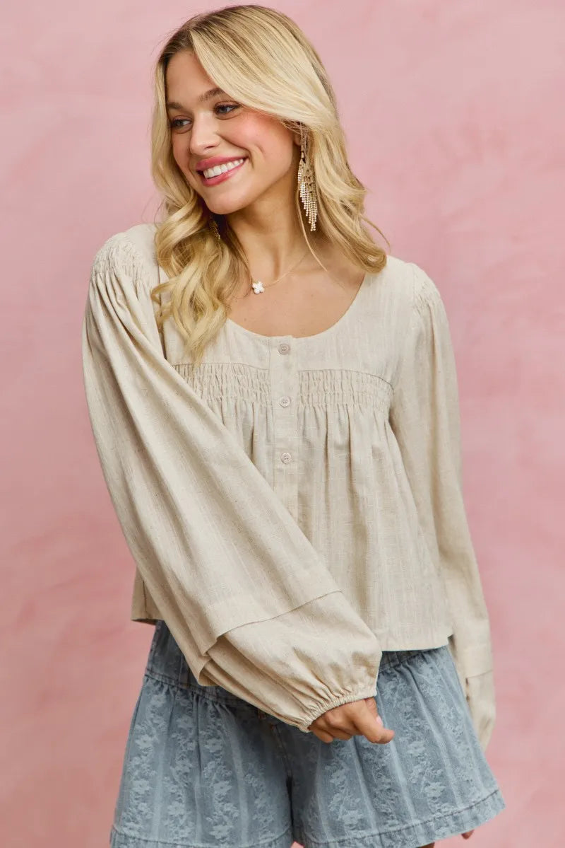 SO ME Linen Blend Woven Long Sleeve With Smocking Top - CREAM / S