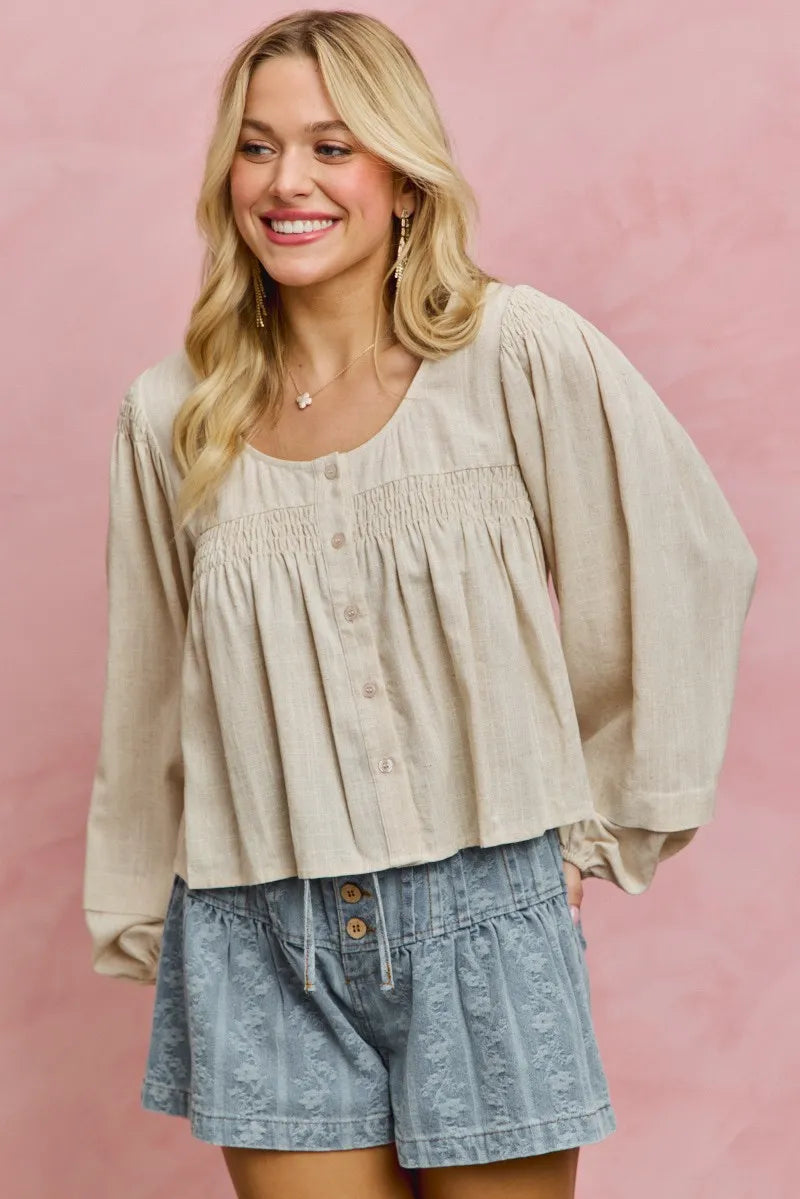 SO ME Linen Blend Woven Long Sleeve With Smocking Top - CREAM / S