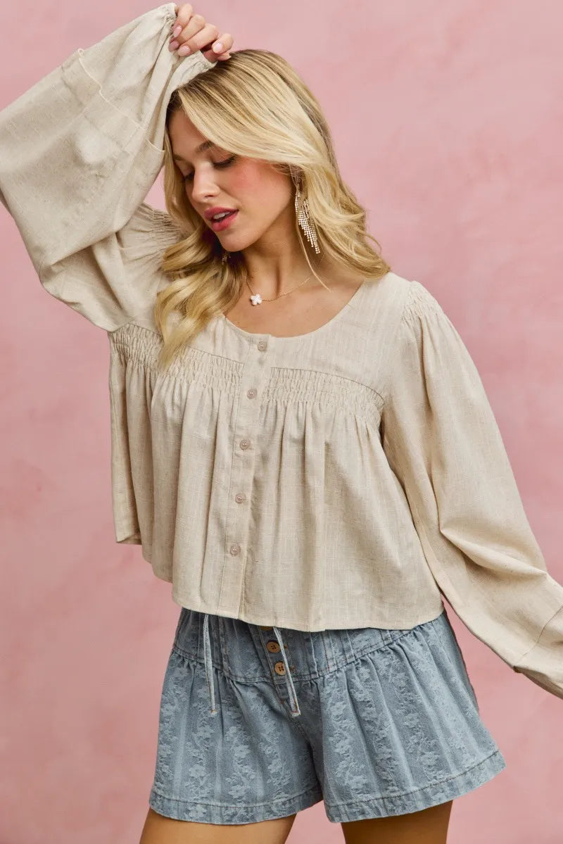 SO ME Linen Blend Woven Long Sleeve With Smocking Top - CREAM / S