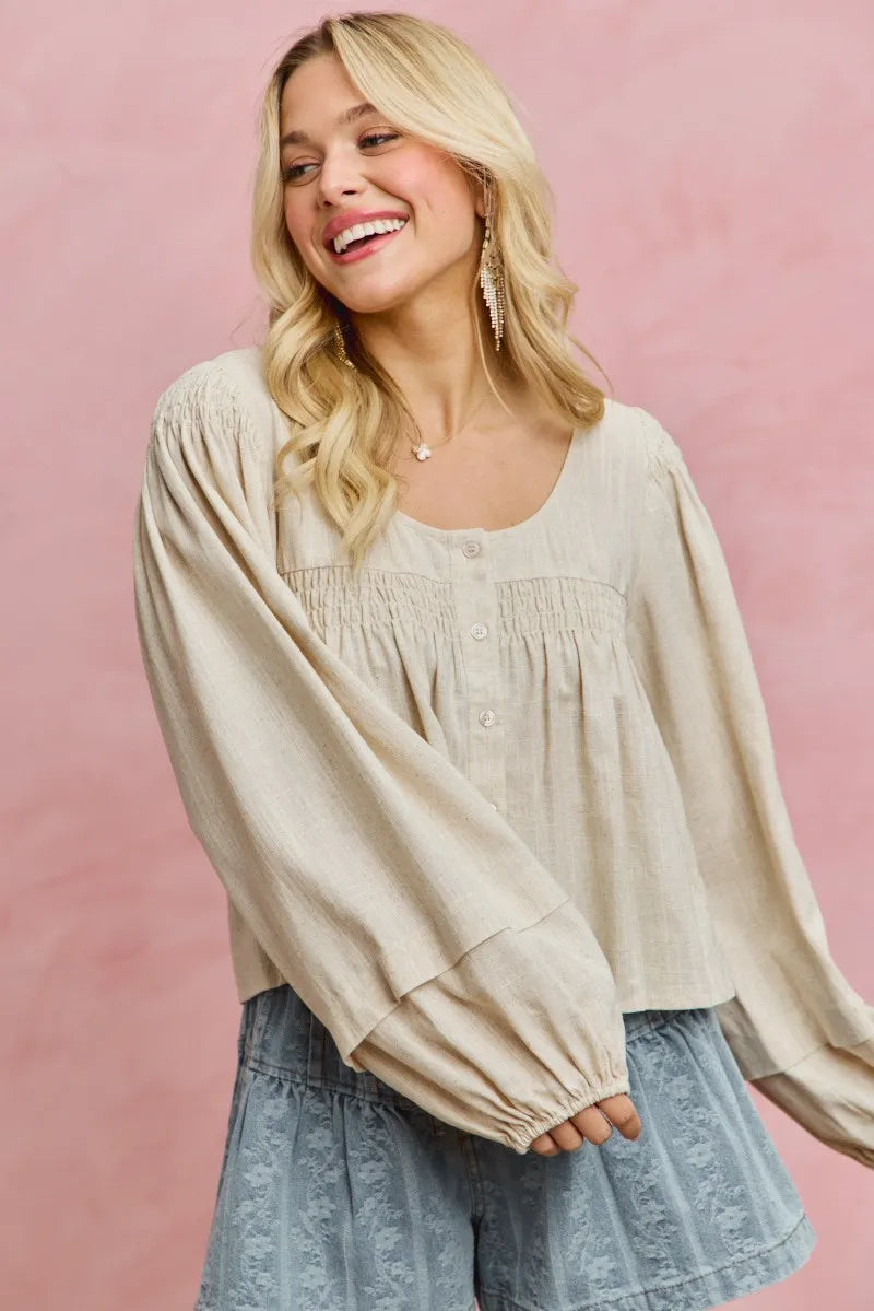 SO ME Linen Blend Woven Long Sleeve With Smocking Top - CREAM / S