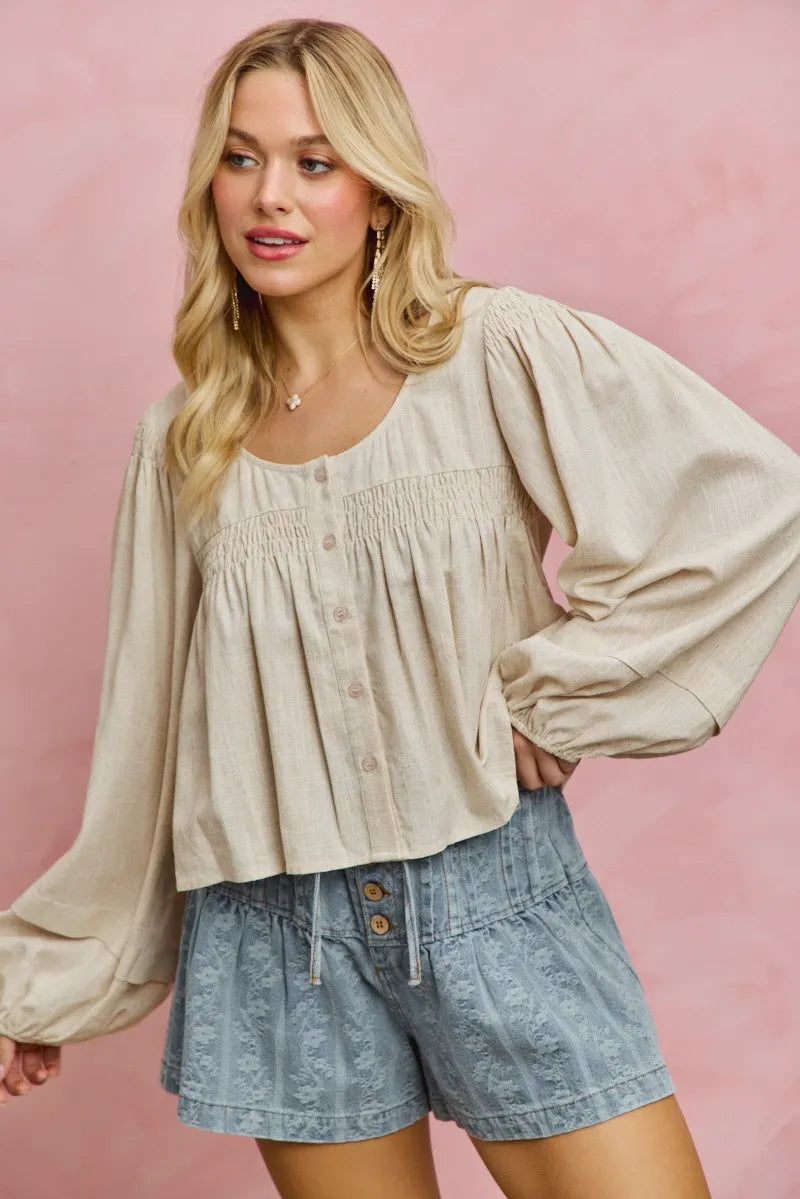 SO ME Linen Blend Woven Long Sleeve With Smocking Top - CREAM / S