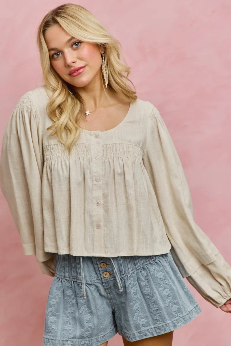 SO ME Linen Blend Woven Long Sleeve With Smocking Top - CREAM / S