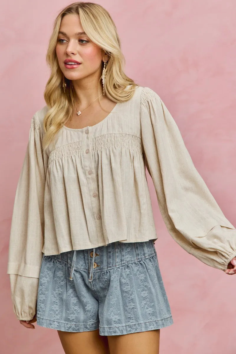 SO ME Linen Blend Woven Long Sleeve With Smocking Top - CREAM / S