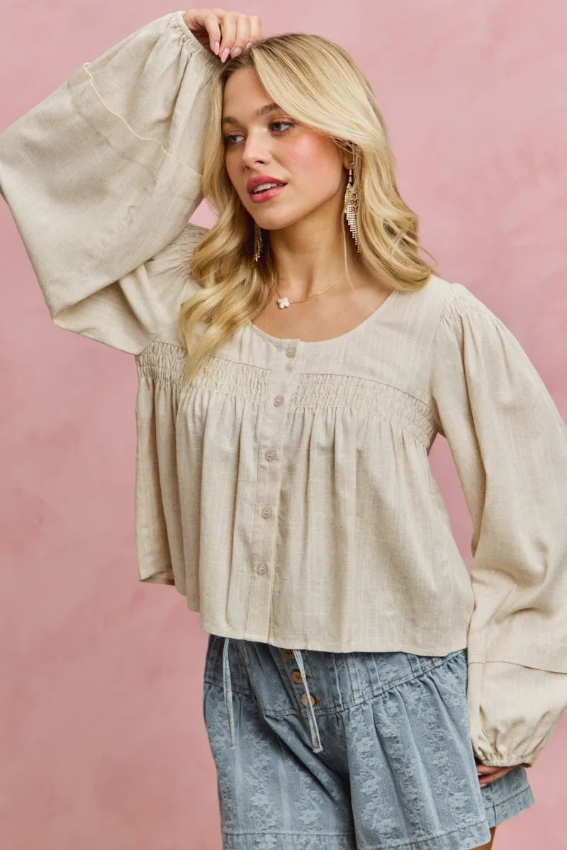 SO ME Linen Blend Woven Long Sleeve With Smocking Top - CREAM / S